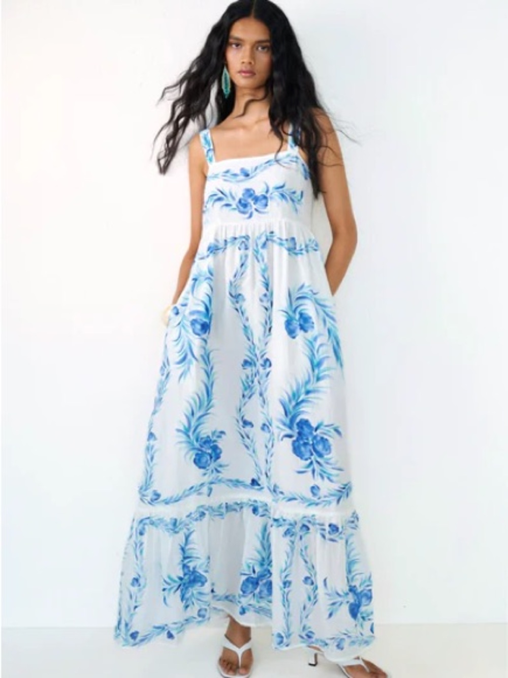 Banjanan White Maxi Dress with Blue Floral Print